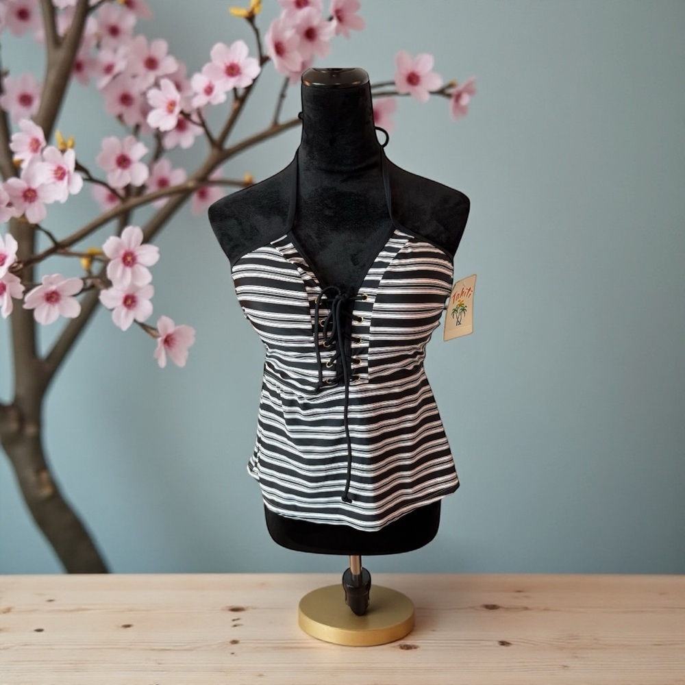 Tahiti Black and White Striped Halter‎ Tankini Top